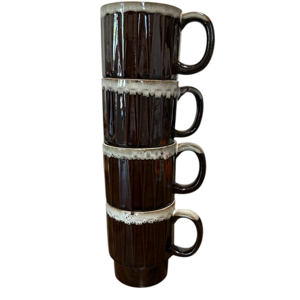 MCM Dark Brown White Drip Glaze Ribbed Stacking Coffee Mug Set of 4